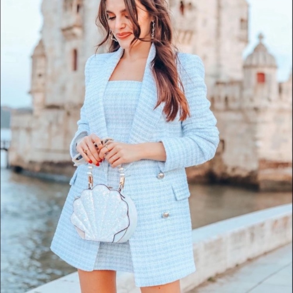 NWT blue zara textured plaid blazer